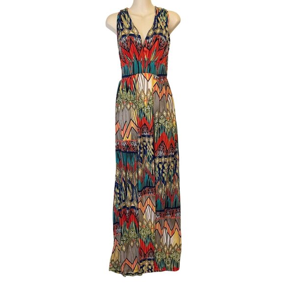 Maxi Dress Boho Print Sleeveless V-Neck Medium Privately Privileged 2 Sexy Slits - Picture 1 of 11